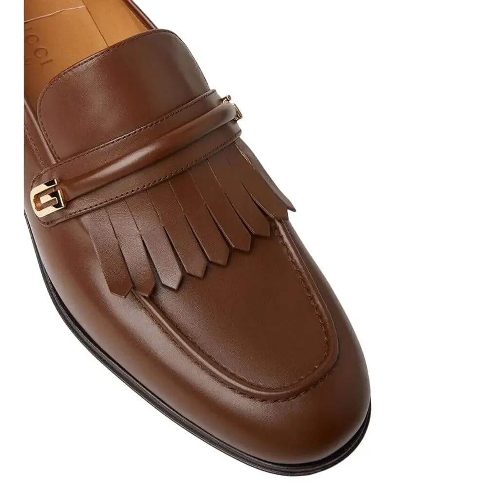 Gucci Men's Mirrored G 8.5/ US 9 Fringed Loafer Brown Italian Leather Shoe NIB